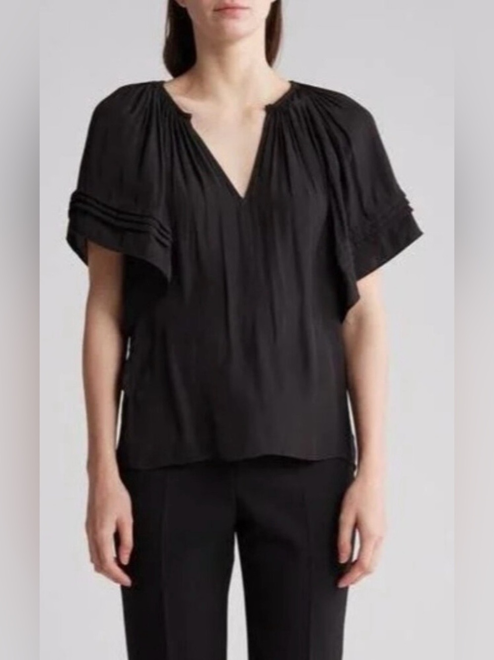 Ramy Brook New York Kylo black short sleeve pleated flowy blouse top sz medium